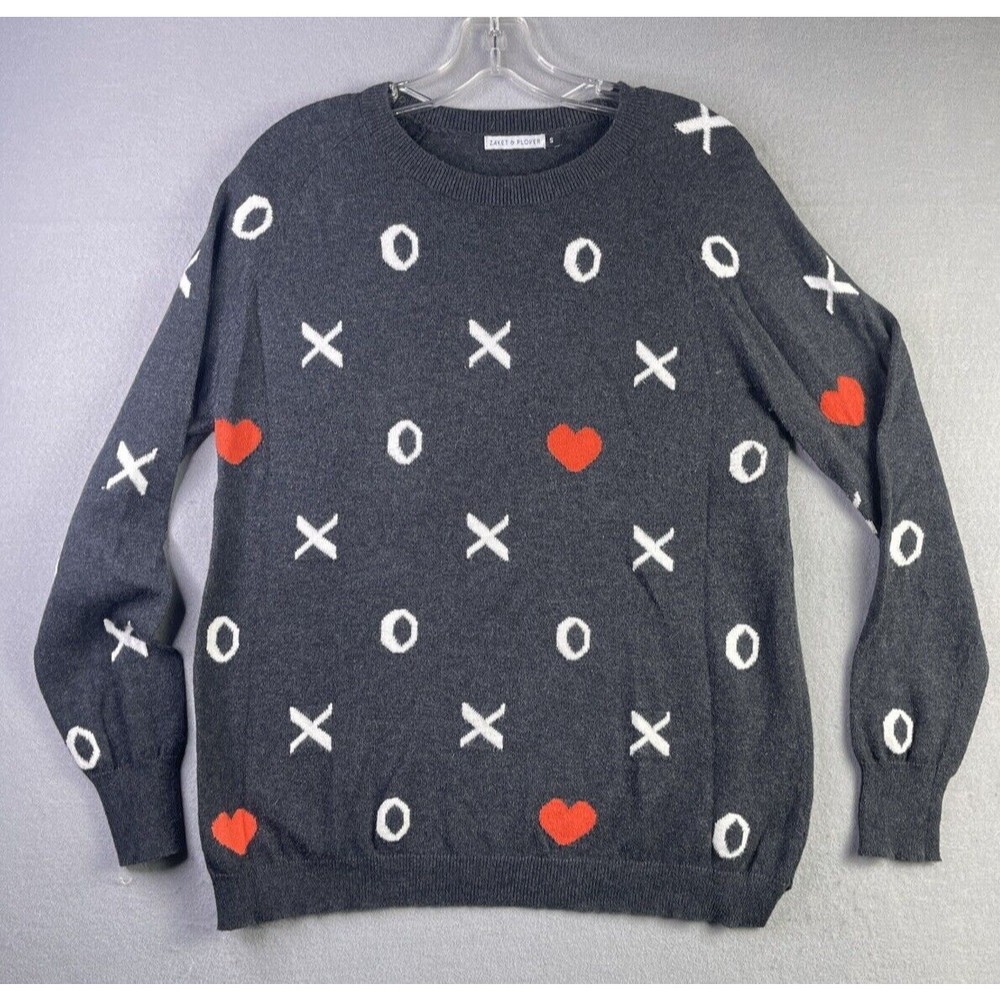 Grey Sweater with white and red XO & Heart Pattern
